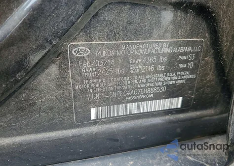2014 Hyundai Sonata Se z USA, uszkodzony, nr VIN 5NPEC4AC7EH888530